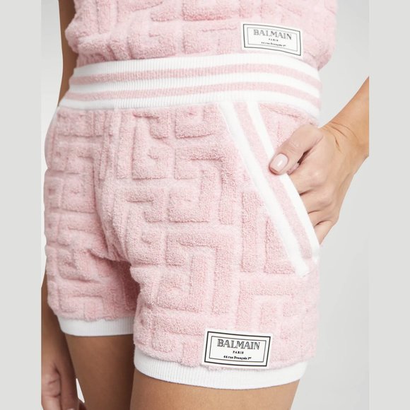 NEW Balmain Size 46 FR (14 US) Sponge Monogram Knit Shorts - Pink/White - Picture 2 of 6